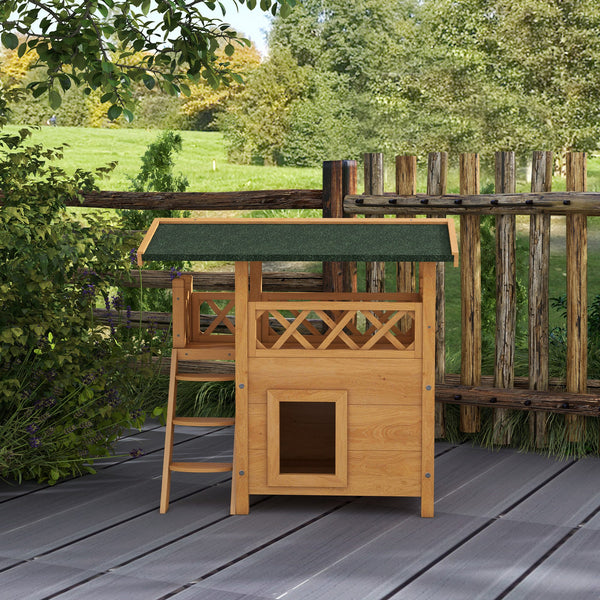Katzenhaus 2-stöckig Holz mit Balkon & Treppe Natur