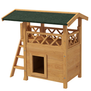 Katzenhaus 2-stöckig Holz mit Balkon & Treppe Natur