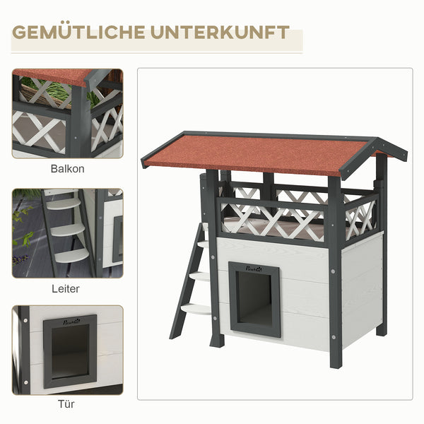 Katzenhaus 2-stöckig Holz mit Balkon & Treppe Weiss