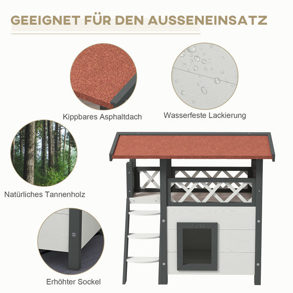 Katzenhaus 2-stöckig Holz mit Balkon & Treppe Weiss