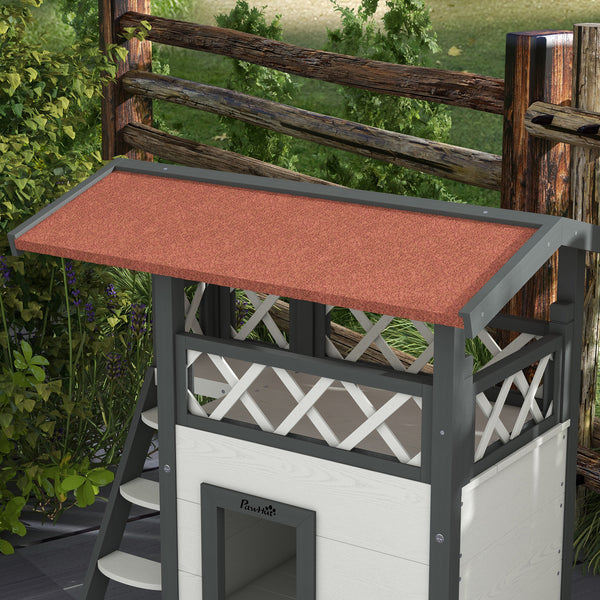 Katzenhaus 2-stöckig Holz mit Balkon & Treppe Weiss