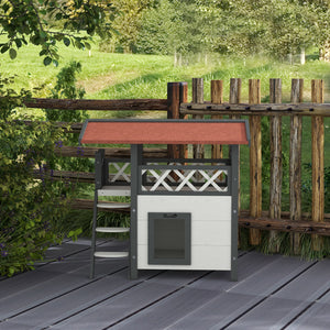 Katzenhaus 2-stöckig Holz mit Balkon & Treppe Weiss