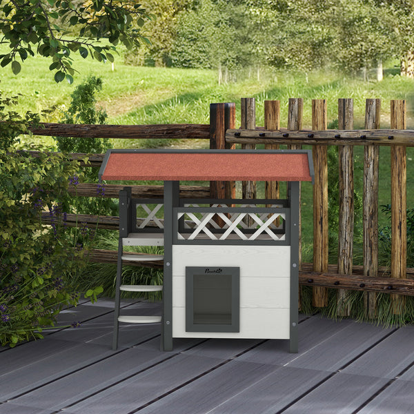 Katzenhaus 2-stöckig Holz mit Balkon & Treppe Weiss