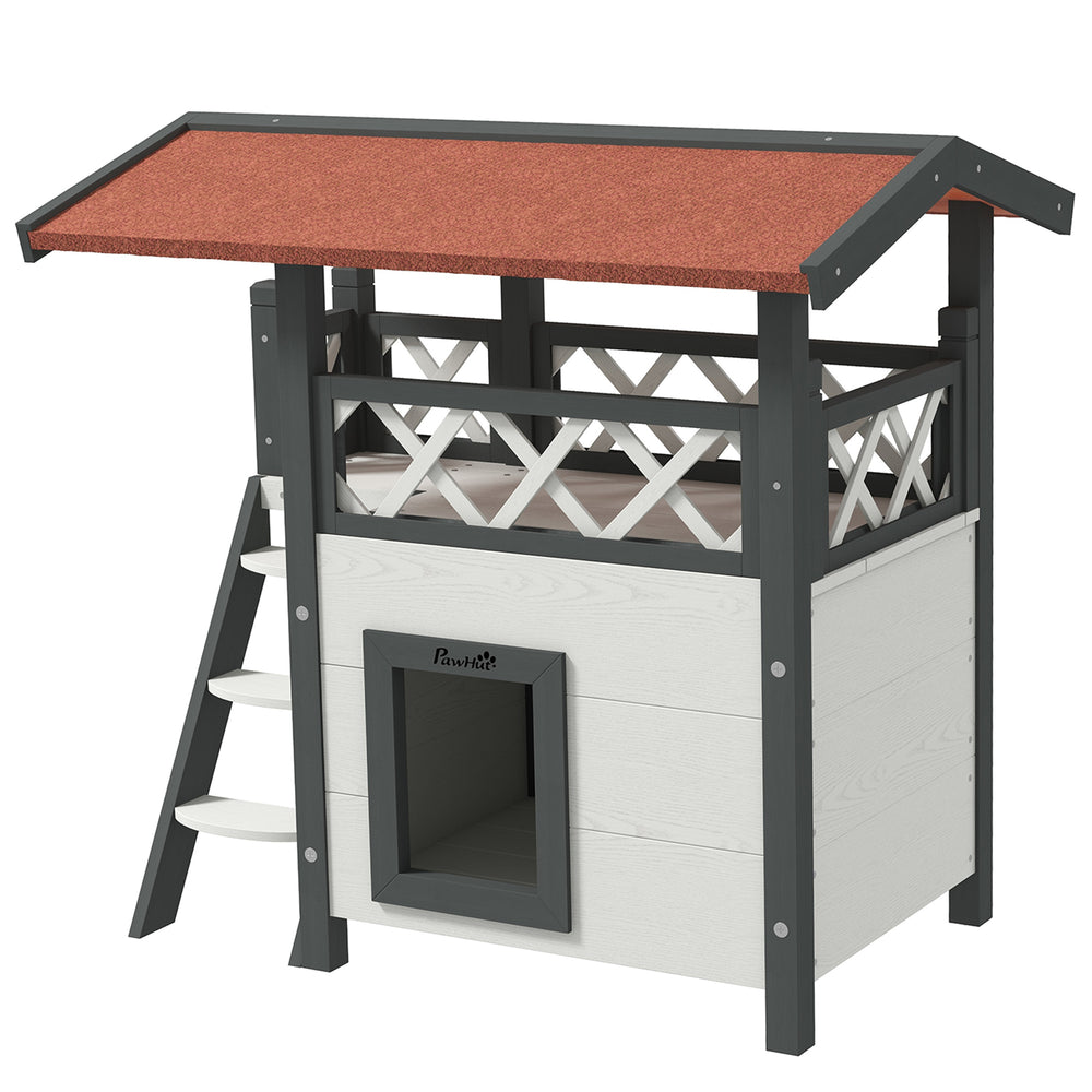 Two-story wooden cat house with balcony and stairs, white