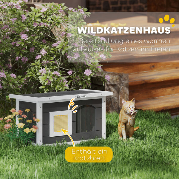 Katzenhaus Holz wetterfest mit Kratzmatte & Klappdach Grau