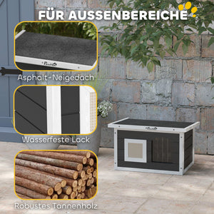 Katzenhaus Holz wetterfest mit Kratzmatte & Klappdach Grau