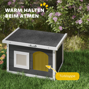 Katzenhaus Holz wetterfest mit Kratzmatte & Klappdach Grau