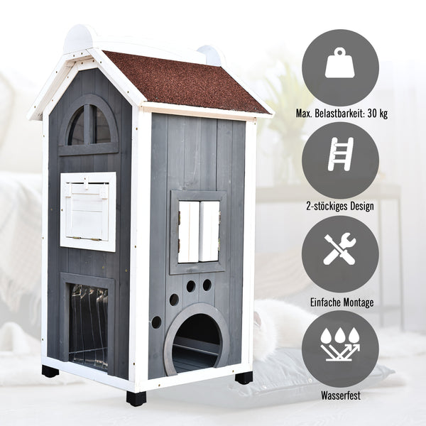 Katzenhaus Tannenholz 59x55x109cm Grau