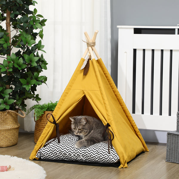 Katzenhaus Tipi-Zelt rutschfest mit Kissen & Spielball Gelb