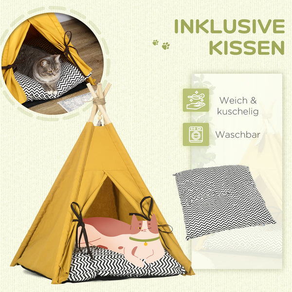 Katzenhaus Tipi-Zelt rutschfest mit Kissen & Spielball Gelb