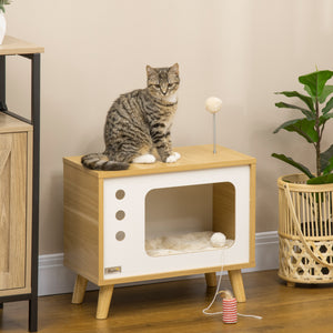 Katzenhaus im TV-Design mit Spielball & Kissen Beige