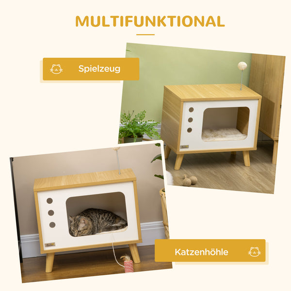 Katzenhaus im TV-Design mit Spielball & Kissen Beige