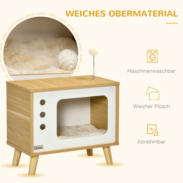 Katzenhaus im TV-Design mit Spielball & Kissen Beige