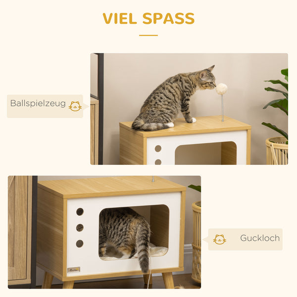 Katzenhaus im TV-Design mit Spielball & Kissen Beige