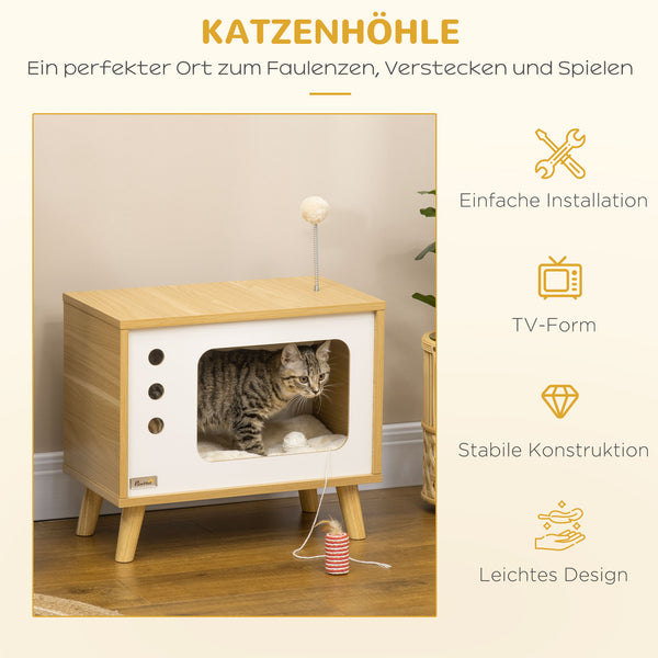 Katzenhaus im TV-Design mit Spielball & Kissen Beige