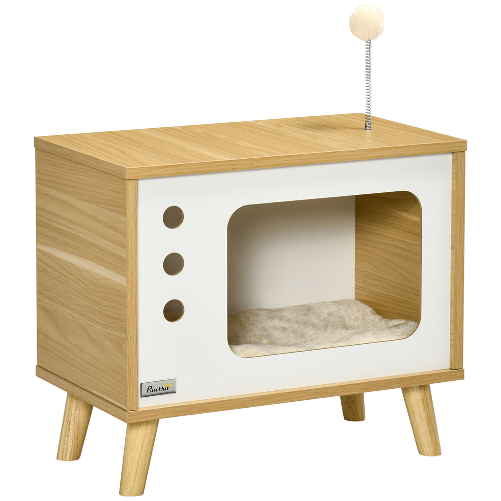 Cat house in TV design with toy ball & cushion Beige
