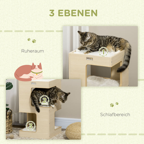 Katzenhöhle 3-stufig mit Kissen & Spielzeug Eiche