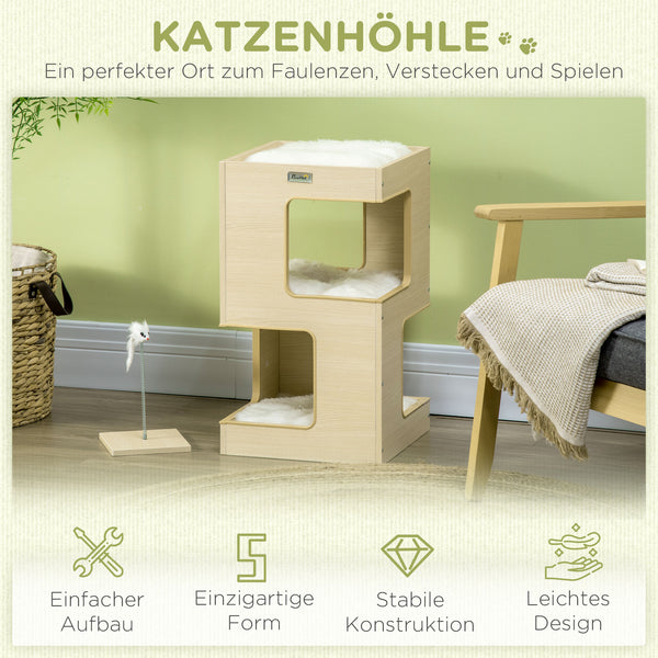 Katzenhöhle 3-stufig mit Kissen & Spielzeug Eiche