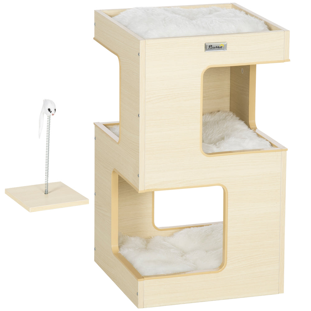 3-tier cat cave with cushion & toys, oak