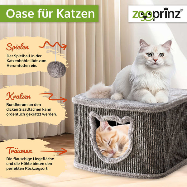 Katzenhöhle Katzenhaus CosyCave Beige – stilvoll & robust mit Sisal & Plüsch