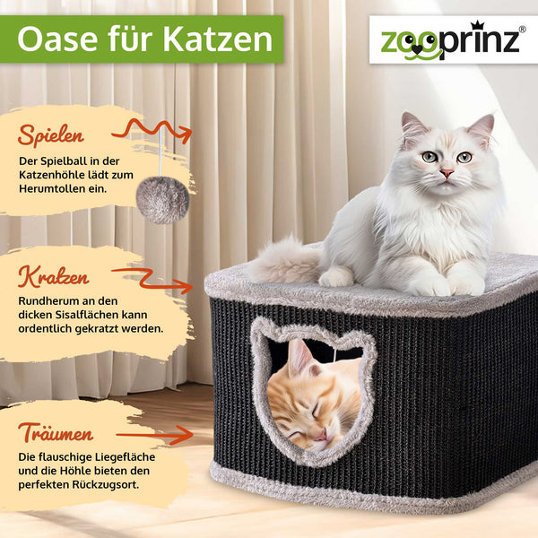 Katzenhöhle Katzenhaus CosyCave Beige – stilvoll & robust mit Sisal & Plüsch