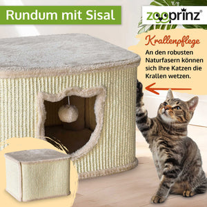 Katzenhöhle Katzenhaus CosyCave Beige – stilvoll & robust mit Sisal & Plüsch