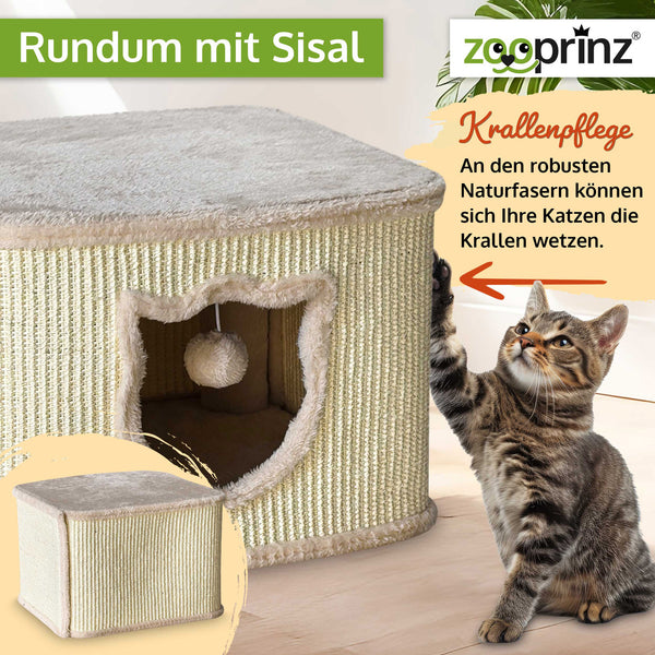 Katzenhöhle Katzenhaus CosyCave Beige – stilvoll & robust mit Sisal & Plüsch