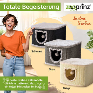 Katzenhöhle Katzenhaus CosyCave Beige – stilvoll & robust mit Sisal & Plüsch