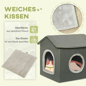 Katzenhöhle Hausform mit Kissen & zwei Türen Grau