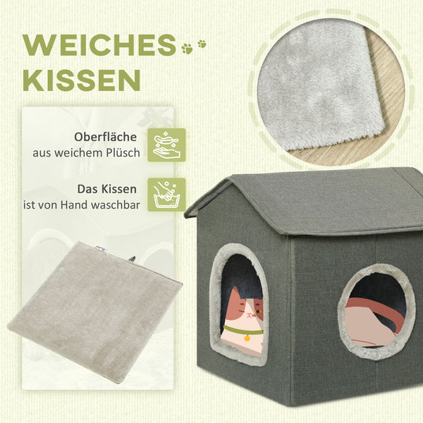 Katzenhöhle Hausform mit Kissen & zwei Türen Grau
