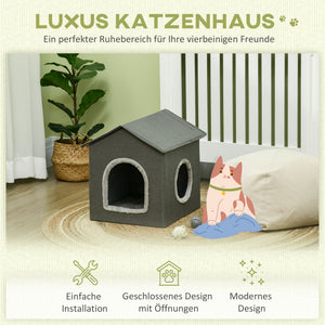 Katzenhöhle Hausform mit Kissen & zwei Türen Grau