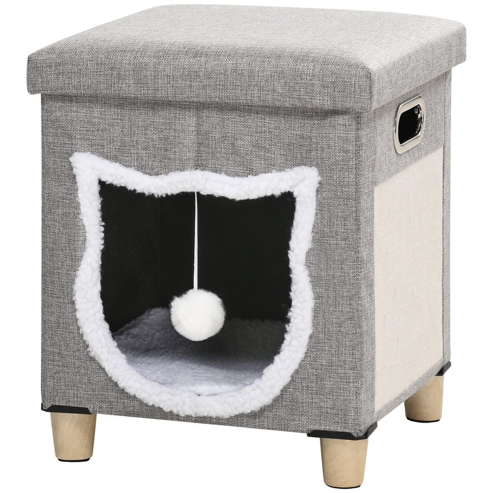 Cat cave with cushion, scratching mat & play ball, grey