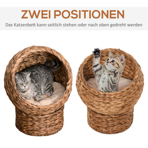 Katzenhöhle Rattan mit Kissen aus Wasserhyazinthe Hellbraun