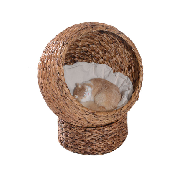 Katzenhöhle Rattan mit Kissen aus Wasserhyazinthe Hellbraun