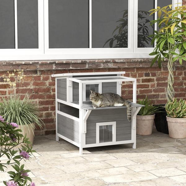 Katzenhöhle aus Tannenholz mit Balkon für Katzen bis 5kg Hellgrau