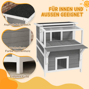 Katzenhöhle aus Tannenholz mit Balkon für Katzen bis 5kg Hellgrau