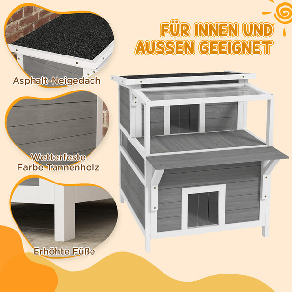 Katzenhöhle aus Tannenholz mit Balkon für Katzen bis 5kg Hellgrau