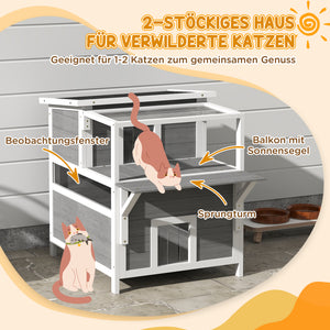 Katzenhöhle aus Tannenholz mit Balkon für Katzen bis 5kg Hellgrau