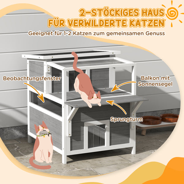 Katzenhöhle aus Tannenholz mit Balkon für Katzen bis 5kg Hellgrau