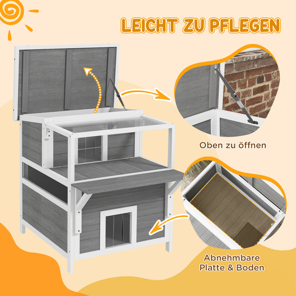 Katzenhöhle aus Tannenholz mit Balkon für Katzen bis 5kg Hellgrau