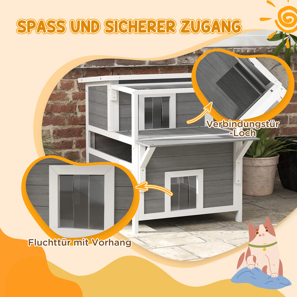 Katzenhöhle aus Tannenholz mit Balkon für Katzen bis 5kg Hellgrau