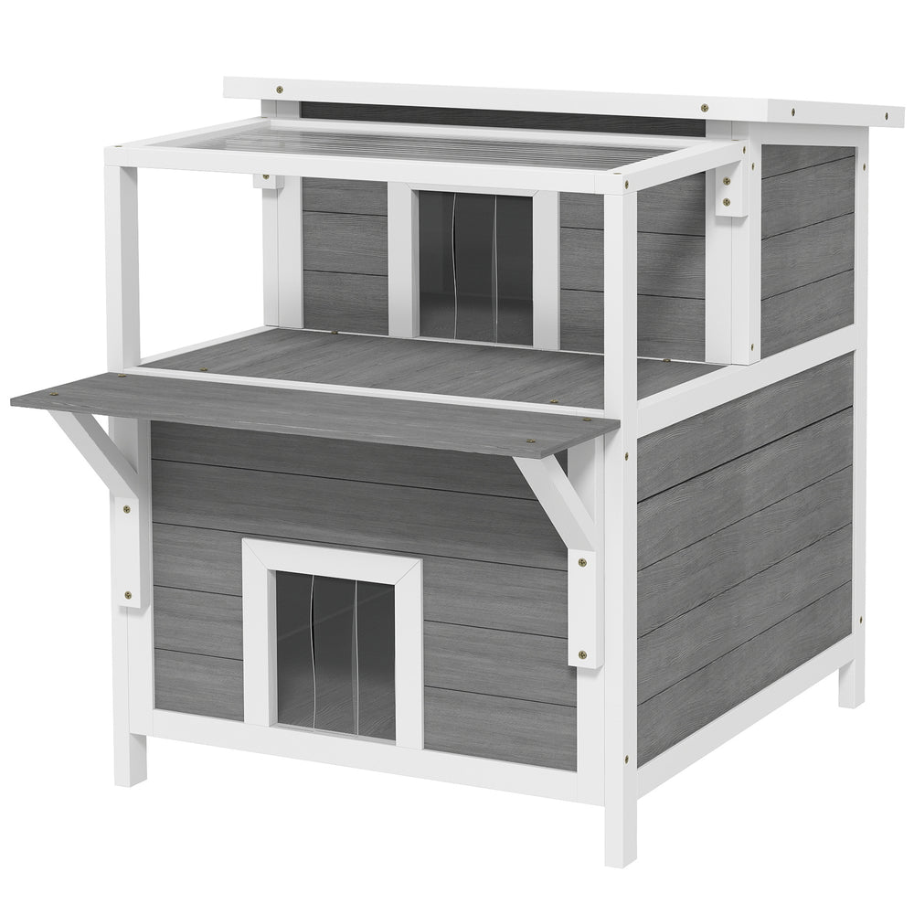 Cat cave made of fir wood with balcony for cats up to 5kg, light grey