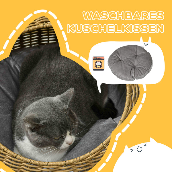 Katzenhöhle rund mit waschbarem Kissen Kunst-Rattan hellbraun