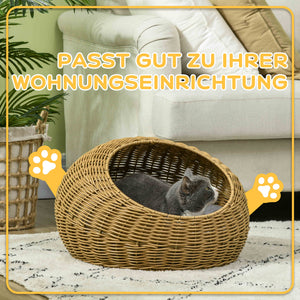 Katzenhöhle rund mit waschbarem Kissen Kunst-Rattan hellbraun