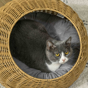Katzenhöhle rund mit waschbarem Kissen Kunst-Rattan hellbraun