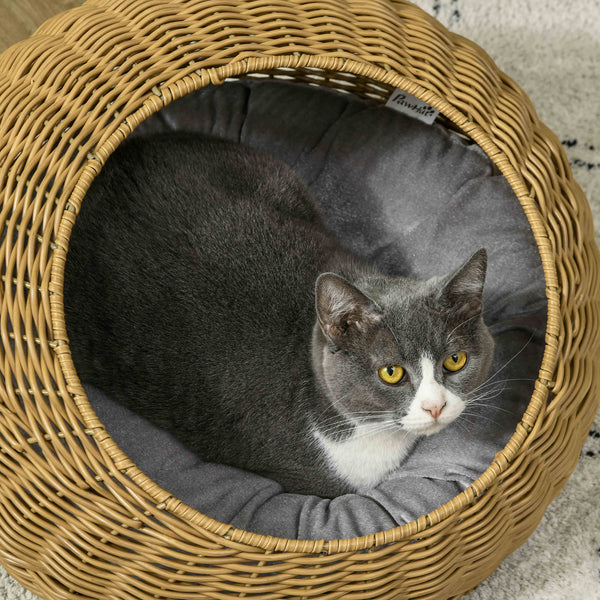 Katzenhöhle rund mit waschbarem Kissen Kunst-Rattan hellbraun