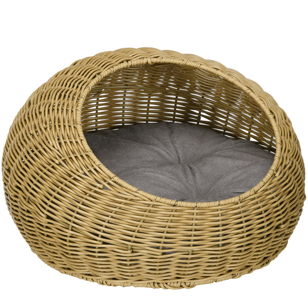 Katzenhöhle rund mit waschbarem Kissen Kunst-Rattan hellbraun