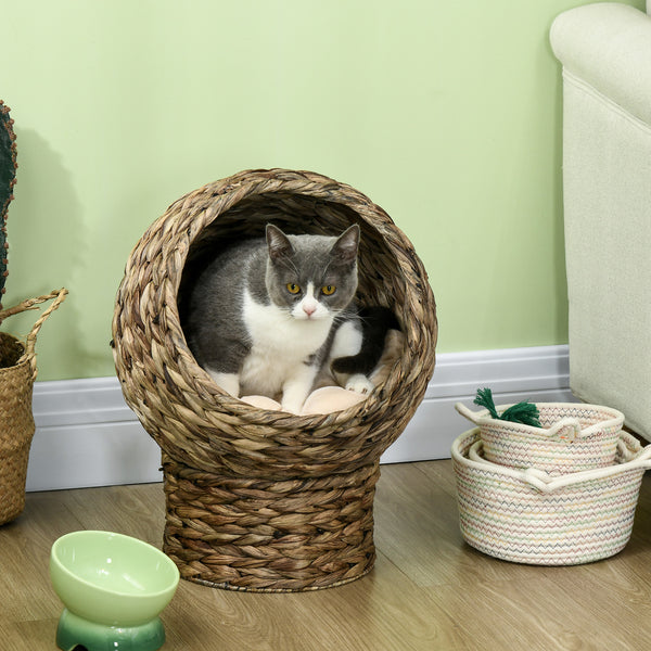 Katzenkorb Rattan mit Kissen Wasserhyazinthe Dunkelbraun
