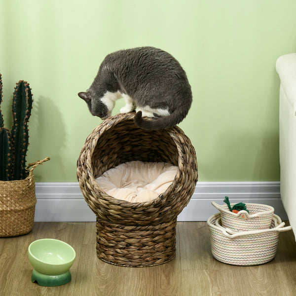 Katzenkorb Rattan mit Kissen Wasserhyazinthe Dunkelbraun