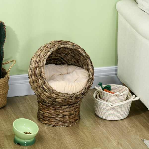 Katzenkorb Rattan mit Kissen Wasserhyazinthe Dunkelbraun
